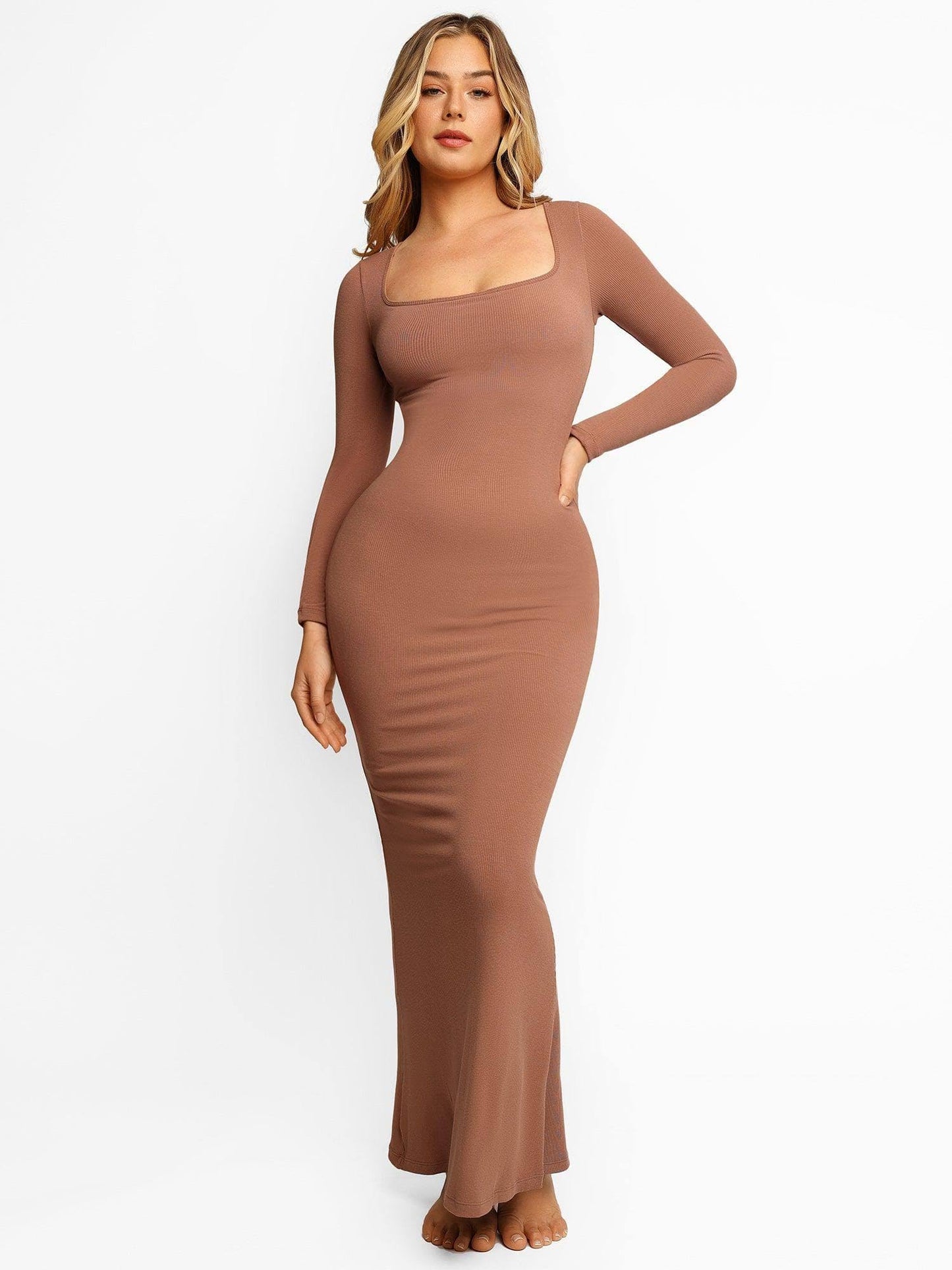 Long Sleeve Square Neck Bodycon Maxi Long Lounge Dress - Brown/Xxl- Built-In Shapewear Dress For Party, Club, Wedding, Date