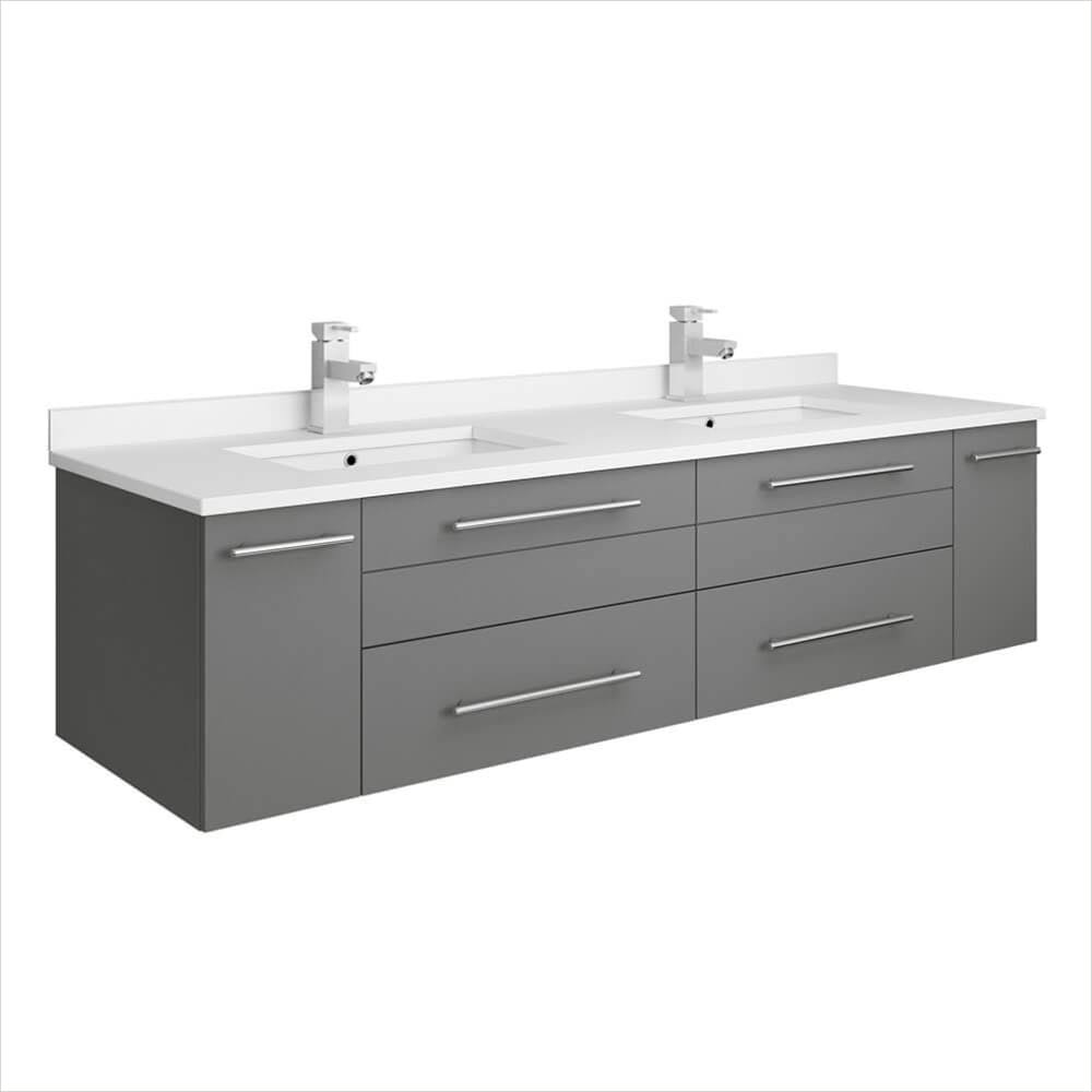 Lucera 60" Gray Wall Hung Modern Bathroom Cabinet W/ Top & Double Undermount Sinks