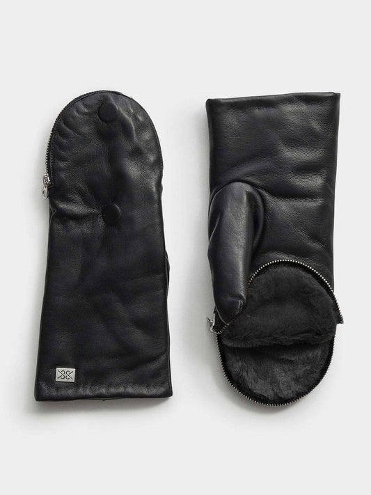 Leather Zip Top Mittens With Faux Fur Lining In Mushroom