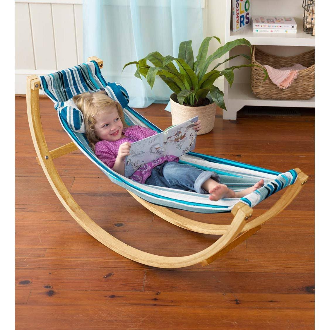 Lightweight Wood And Cotton Polyester Rocking Floor Hammock With Pillow, 50 Inchl X 14 Inchw, Blue