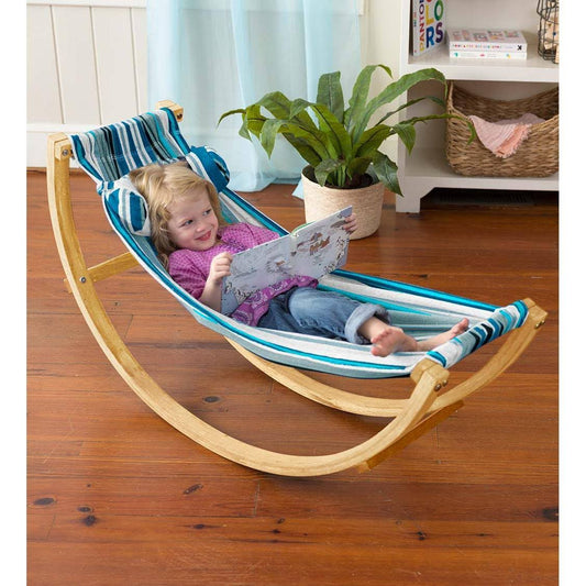 Lightweight Wood And Cotton Polyester Rocking Floor Hammock With Pillow, 50 Inchl X 14 Inchw, Blue