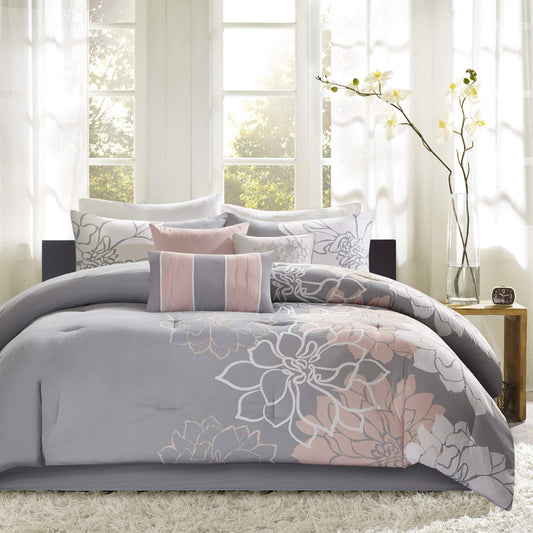 Lola Comforter Set - Grey/Blush - Queen