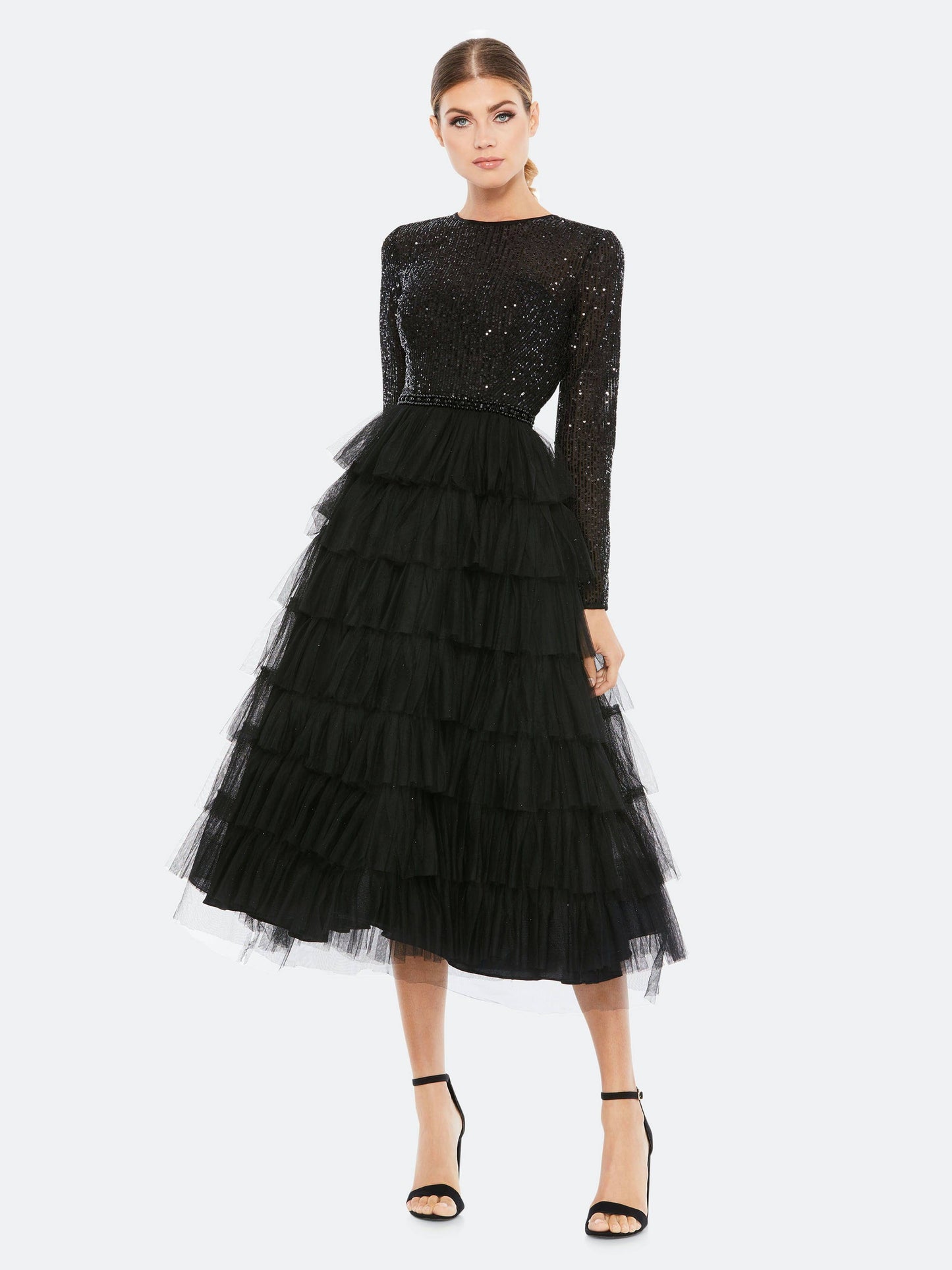 Long Sleeve Tiered Ruffle Midi Dress - Black - 12