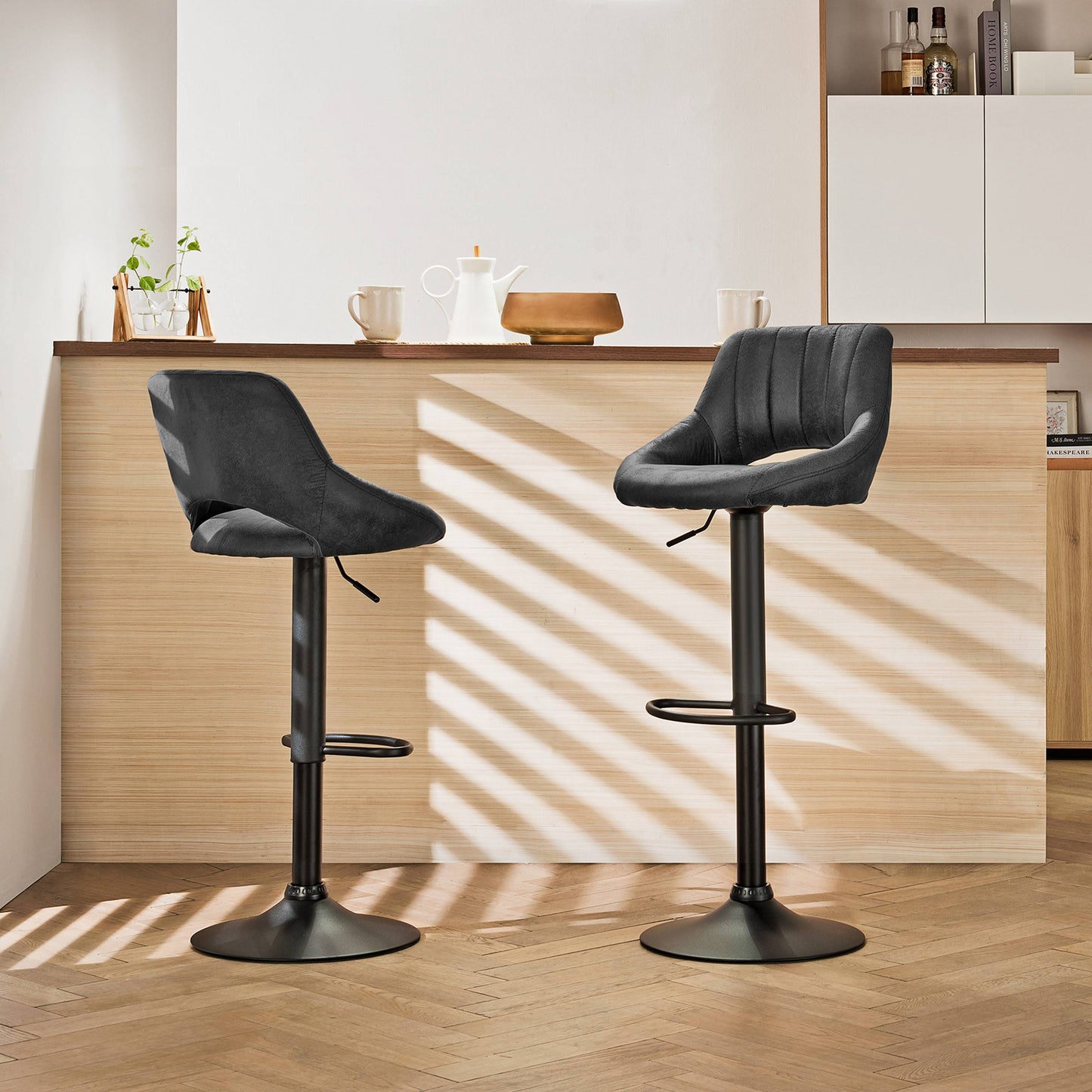 Leon Modern Adjustable 360 Swivel Bar Stools With Retro Pu Leather Open Backrest, Black (Set Of 2)