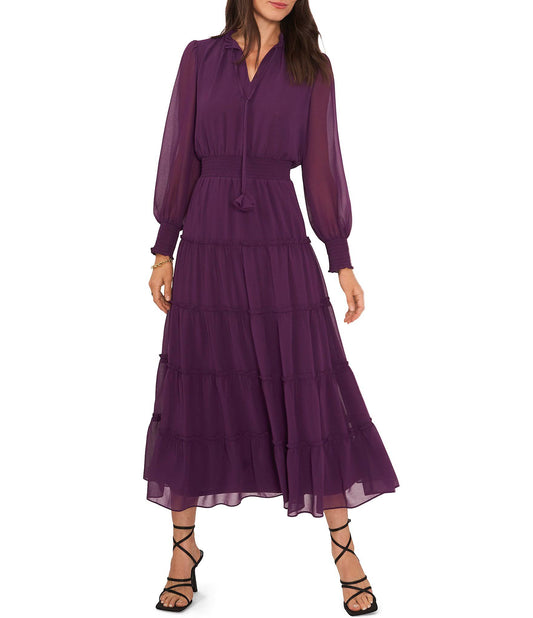 Long Sleeve Tie Split-V Neck Tiered Chiffon A-Line Midi Dress, Womens, S, Plum Purple