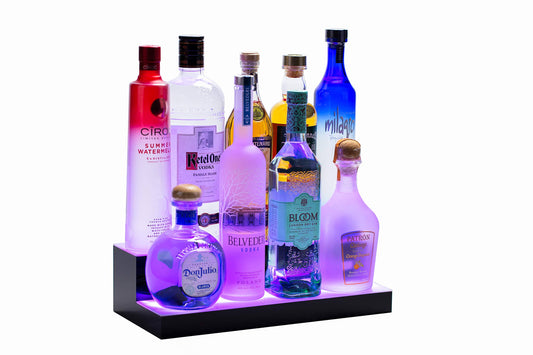 Led Lighted Bar Shelf - 16in, 2 Step Illuminated Liquor Bottle Display Shelf With Multicolor Lighting Modes, Wireless Remote