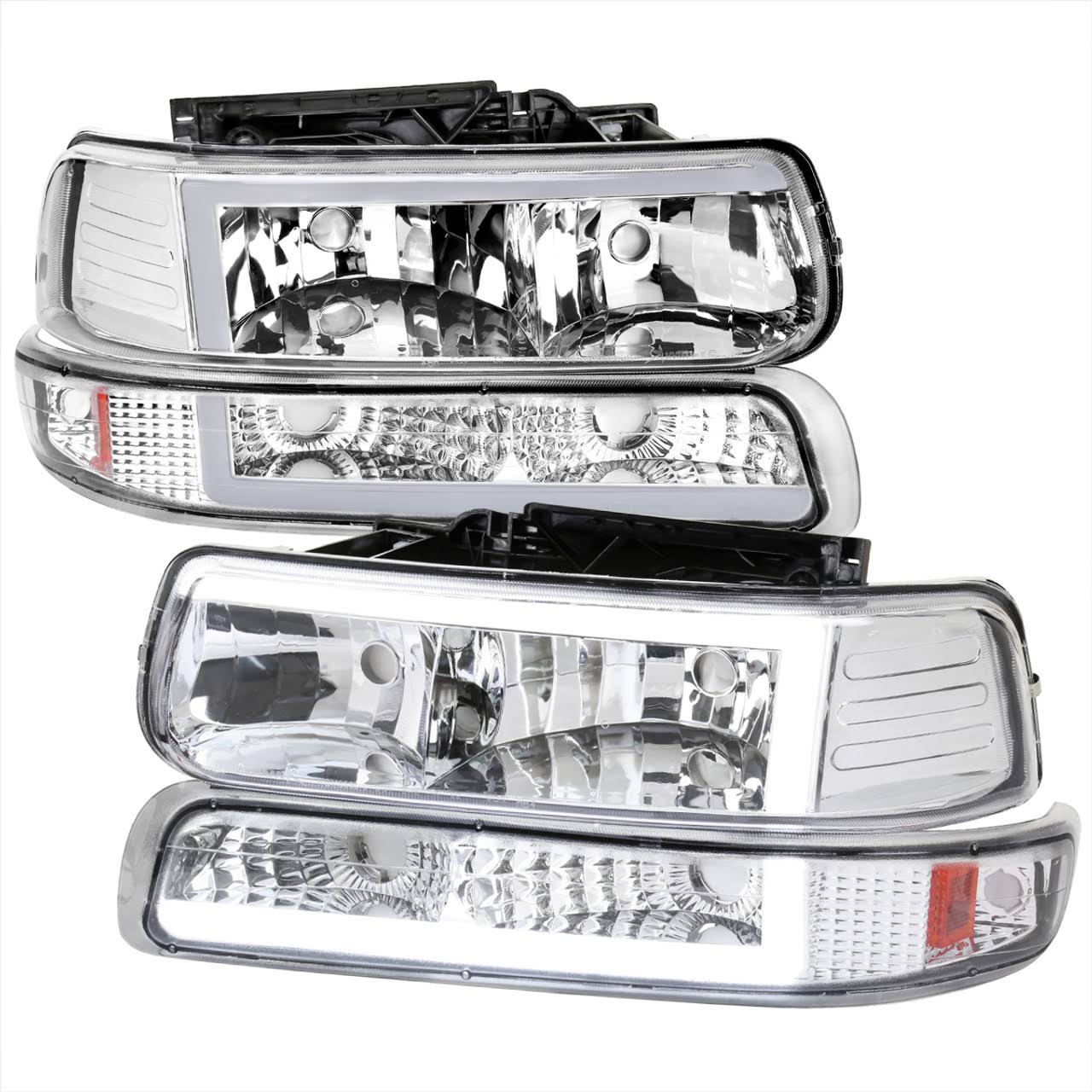 Led Bar Chrome Housing Clear Lens Headlights + Bumper Lights 4pc Compatible With 1999-2002 Chevy Silverado 2000-2006 Tahoe Suburban