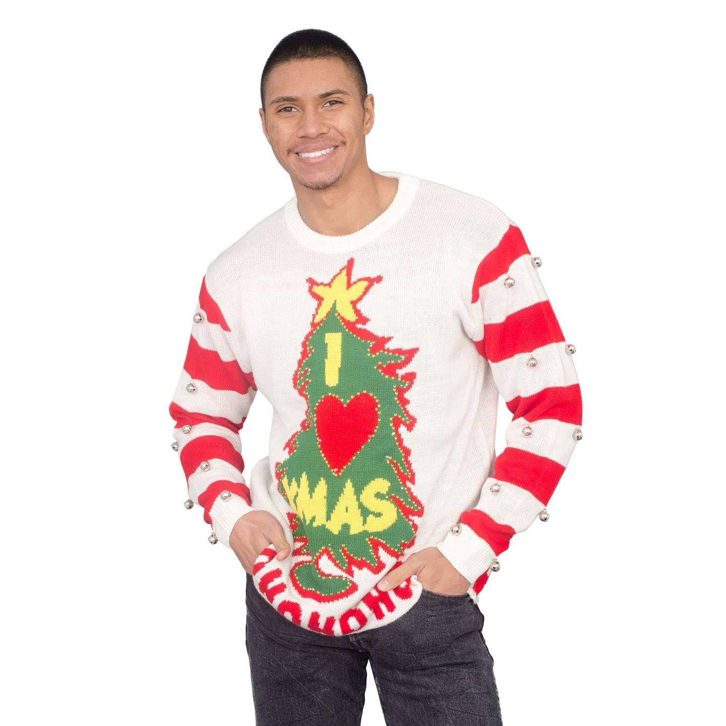 Love Xmas Hohoho Light Up And Bells Christmas Sweater - White - M