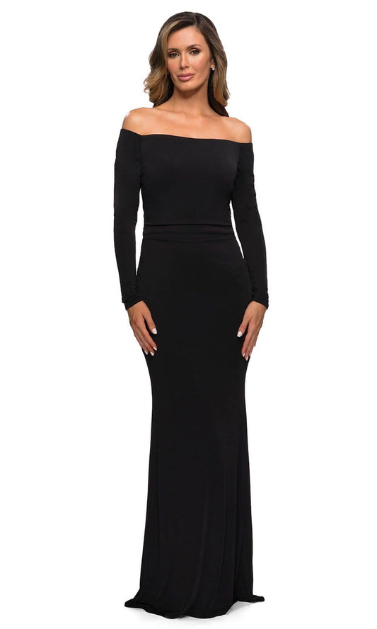 Long Sleeve Off The Shoulder Jersey Evening Gown - Black - 16