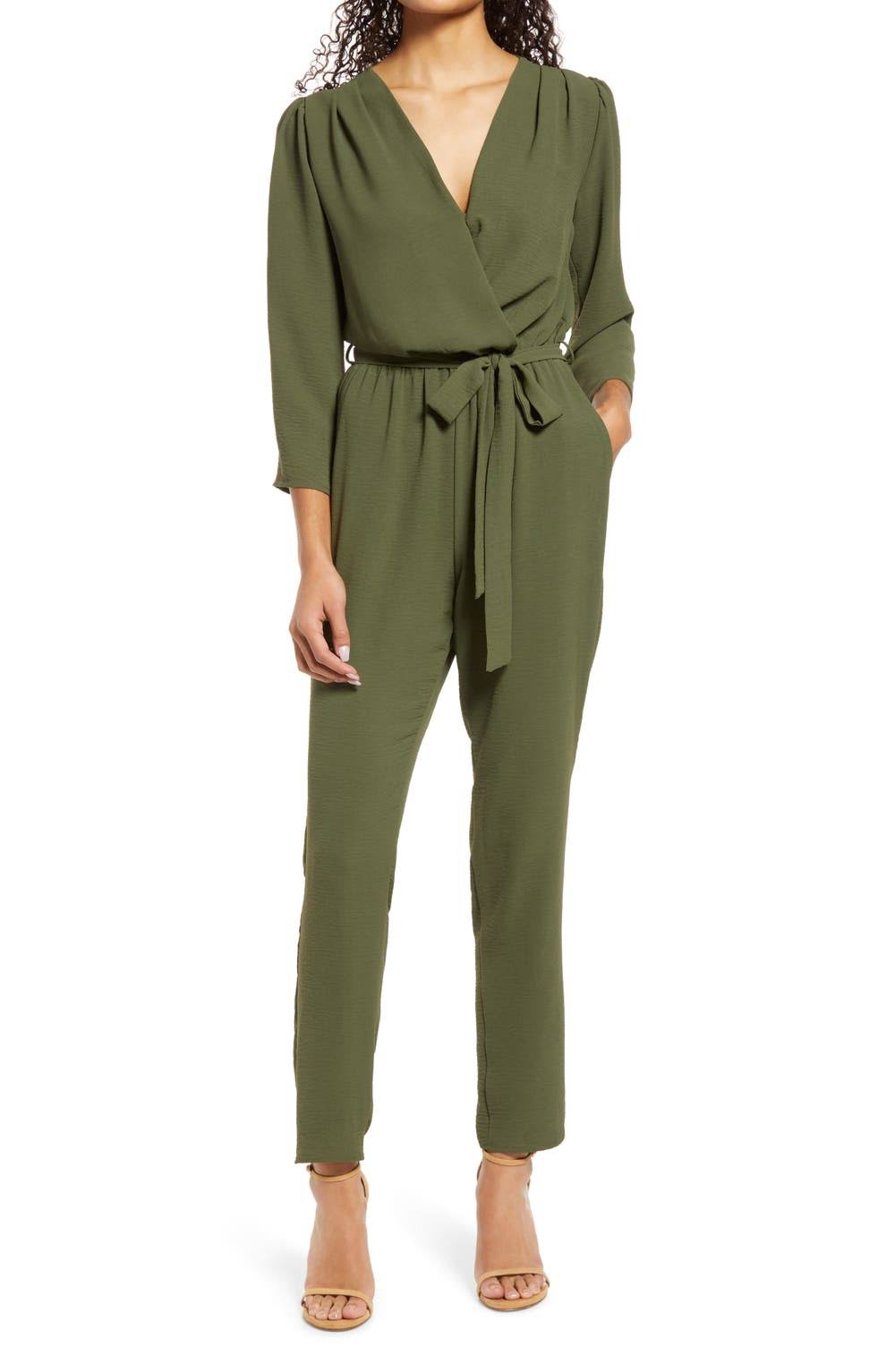 Long Sleeve Belted Jumpsuit Olive