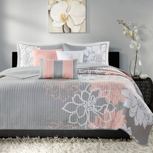 Lola 6 Piece Reversible Cotton Printed Coverlet Set - Grey/Blush - King/Cal King