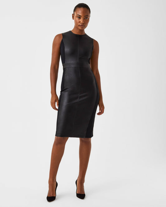 Leather-Like Combo Fitted Dress Luxe Black L