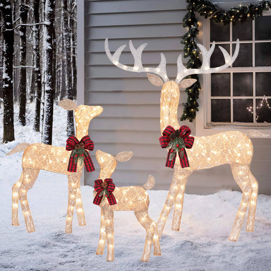 Lighted Reindeer Christmas Decoration Family Set 60" Buck 39" Doe 27" Fawn Outdoor Yard Christmas Decorations With 210 Lights, Indoor