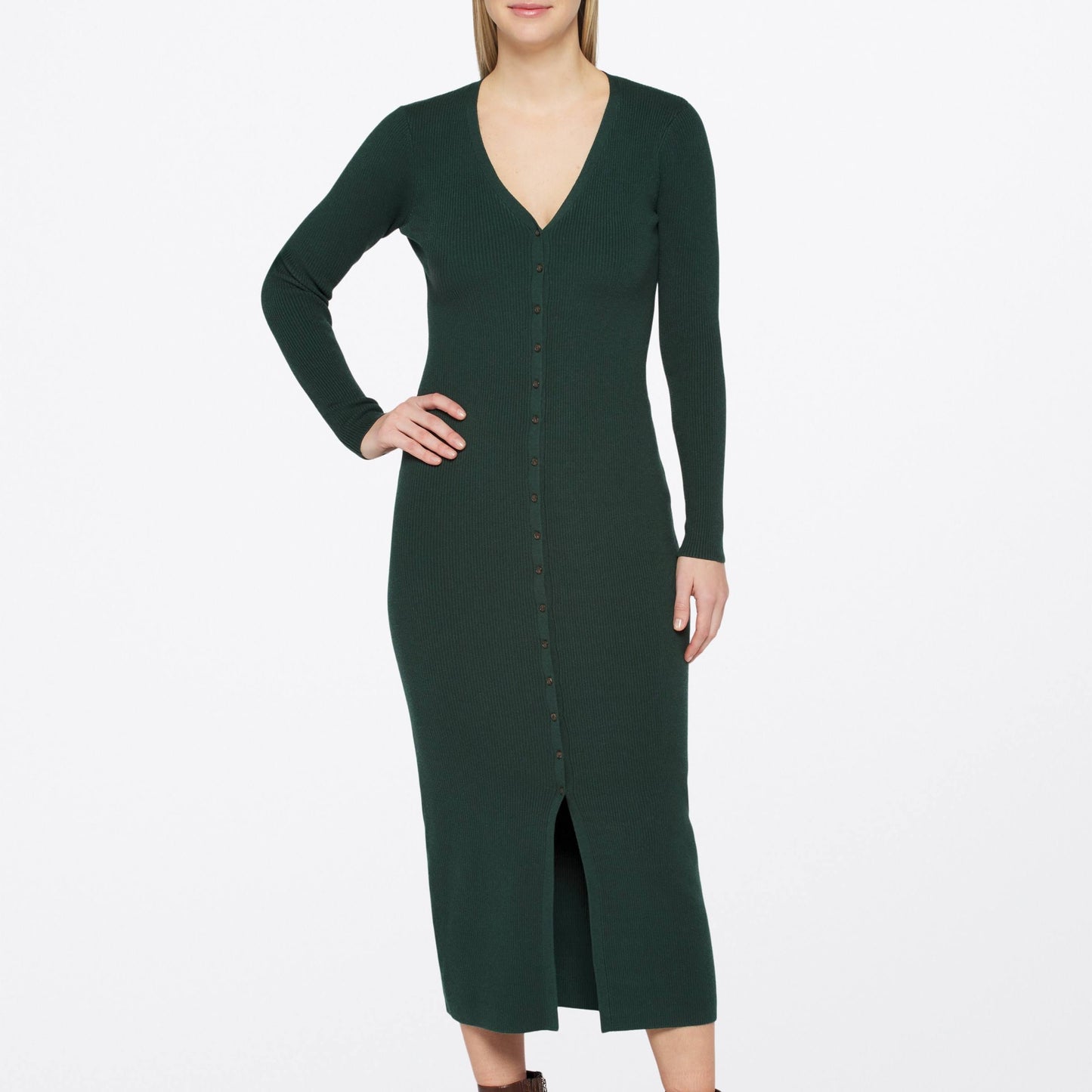 Long Sleeve Button-Up Rib Sweater Dress In Green