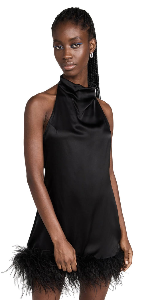 Lunaria Feather-Trim Halter Dress Black