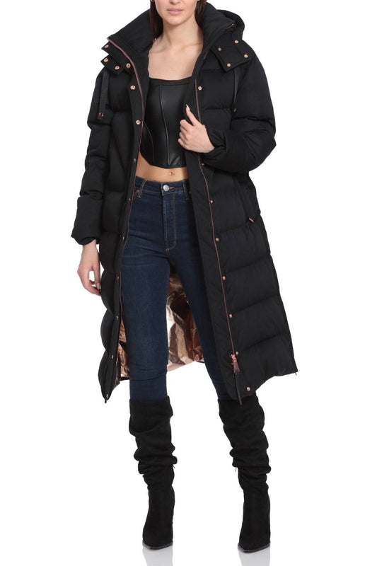 Longline Glam Puffer Coat, Size M, Black