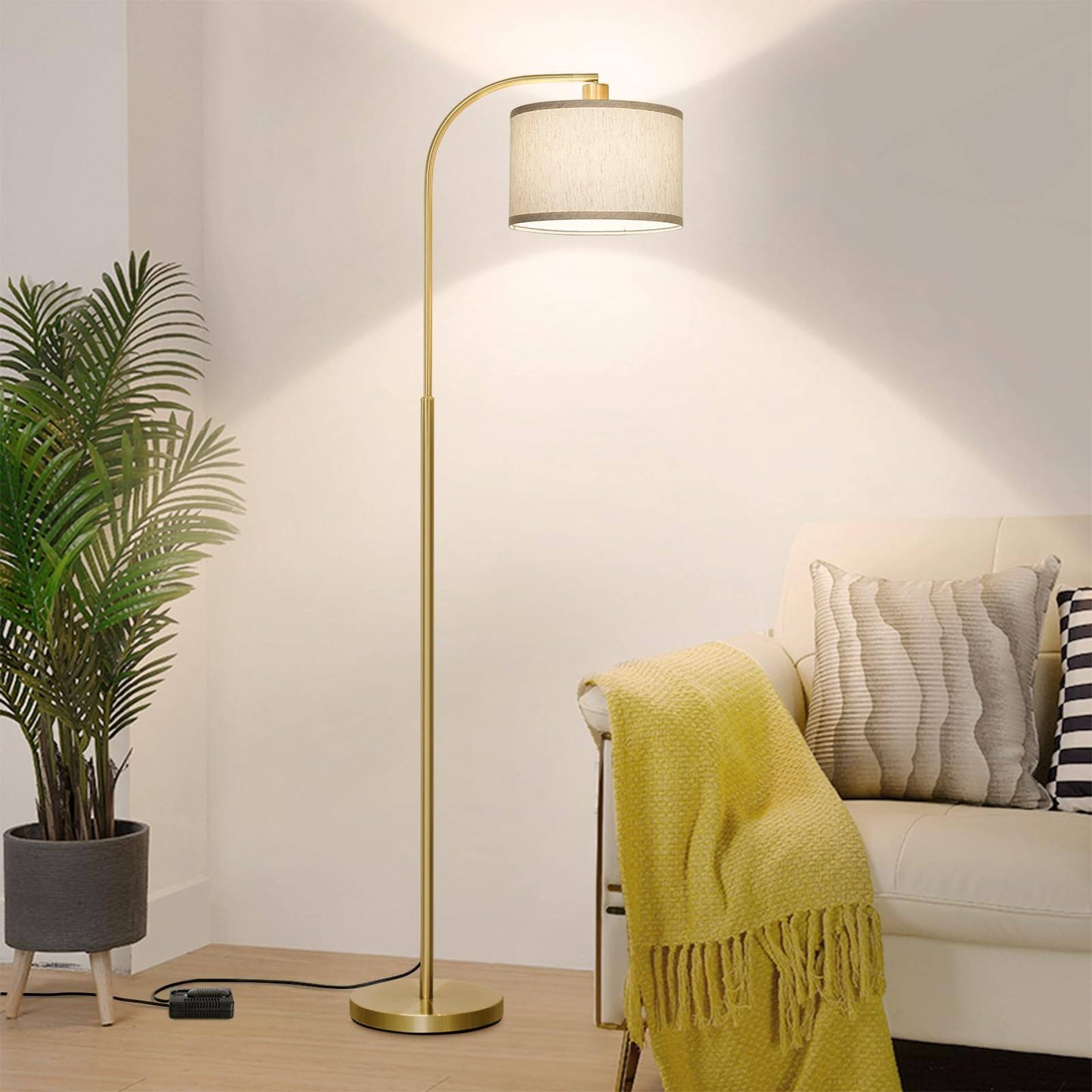 Led Arc Floor Lamp Fully Dimmable Modern Standing Lamp With Adjustable Drum Shade, Golden Tall Pole Reading Lamp Corner Light For Living Room