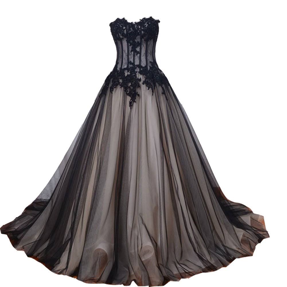 Long Black And Champagne Lace Gothic Prom Wedding Dresses