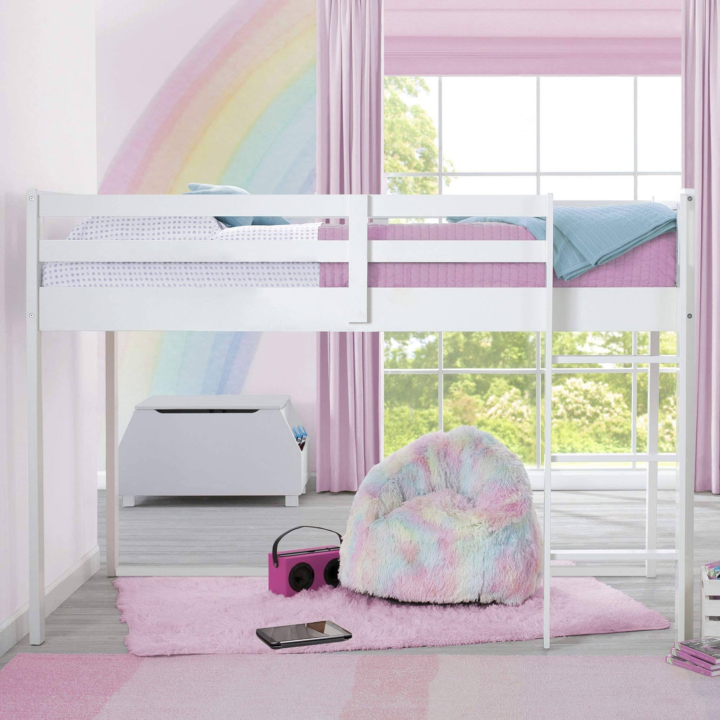 Low Twin Loft Bed With Guardrail And Ladder - White