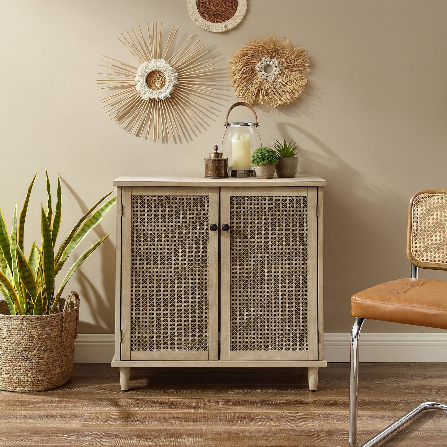 Leon Woven Rattan Wicker Doors Accent Cabinet Sideboard - Sliding Doors- Natural Bamboo Finish