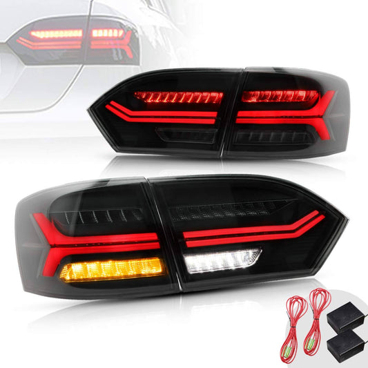 Led Smoked Tail Lights Compatible For [2011-2014 Vw Volkswagen Jetta & 2012-2015 Volkswagen Sagitar] Rear Lamps Assembly With Sequential Turn