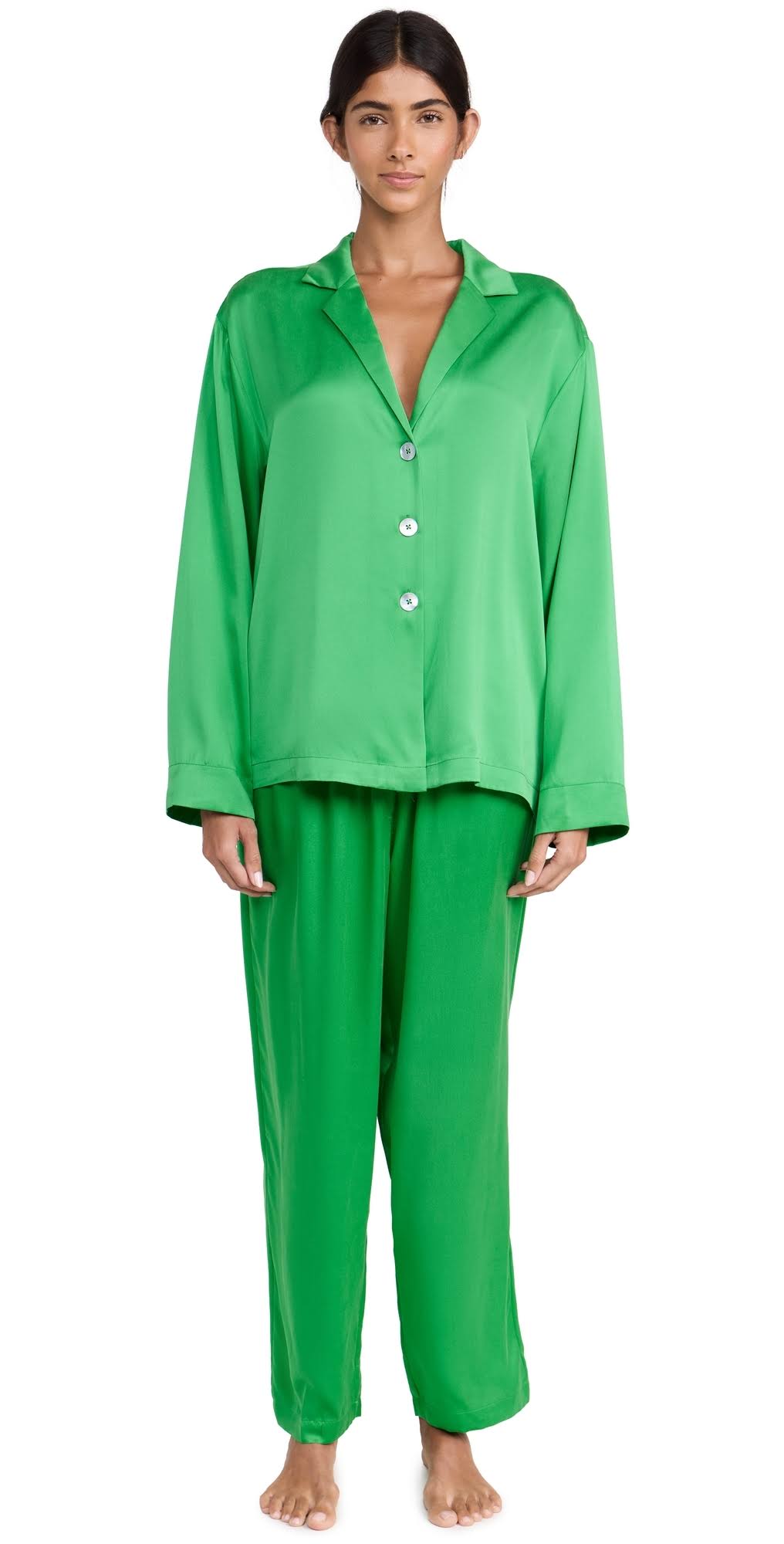 Long Sleeve Washable Silk Pajamas In Glade Green