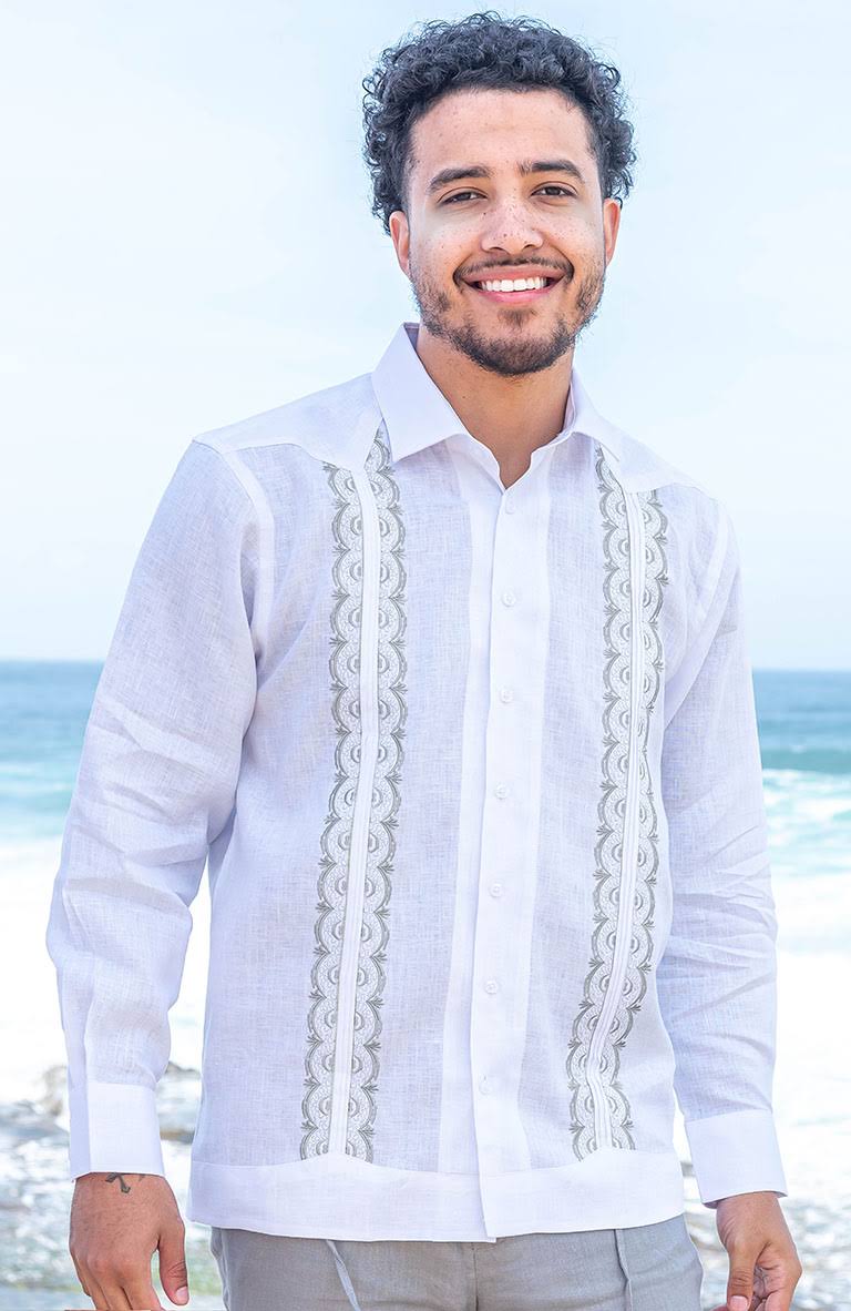 Long Sleeve Guayabera Linen Shirt Men's Beach Wedding Attire