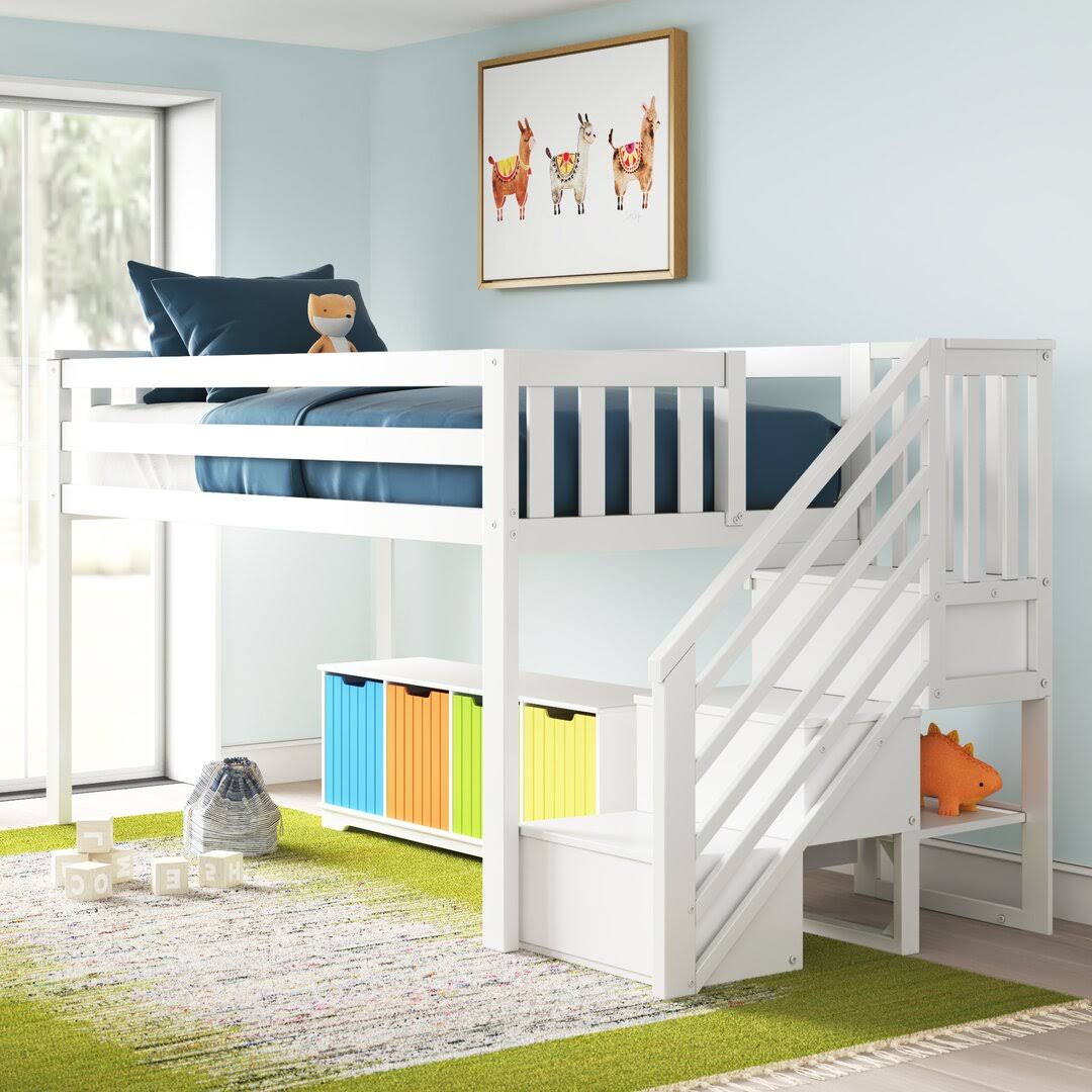 Low Loft Bed With Staircase, White Bed Frame Color White