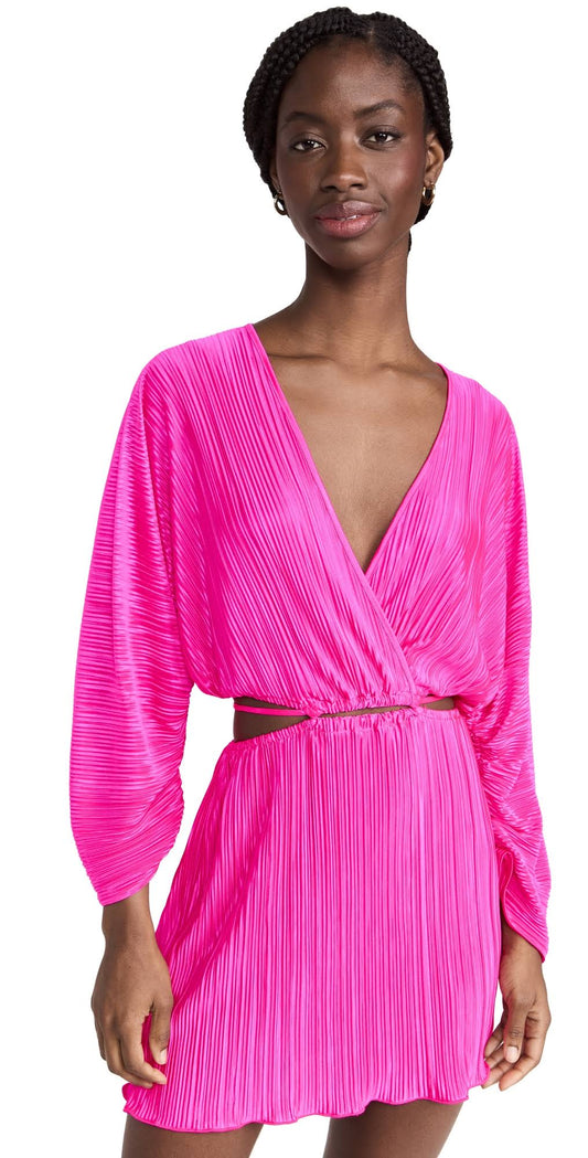 Long Sleeve Cutout Plissé Dress In Fuchsia Pink001