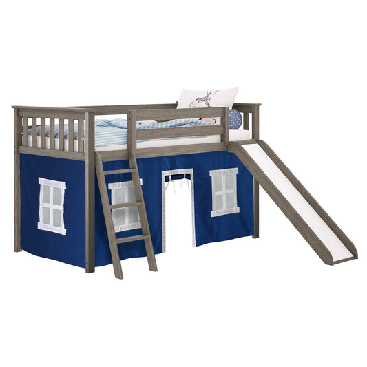 Low Kid's Loft Bed With Slide + Curtain - White / Navy Blue/White | Solid Wood Bed Frame | Durable | Easy Assembly | Max & Lily