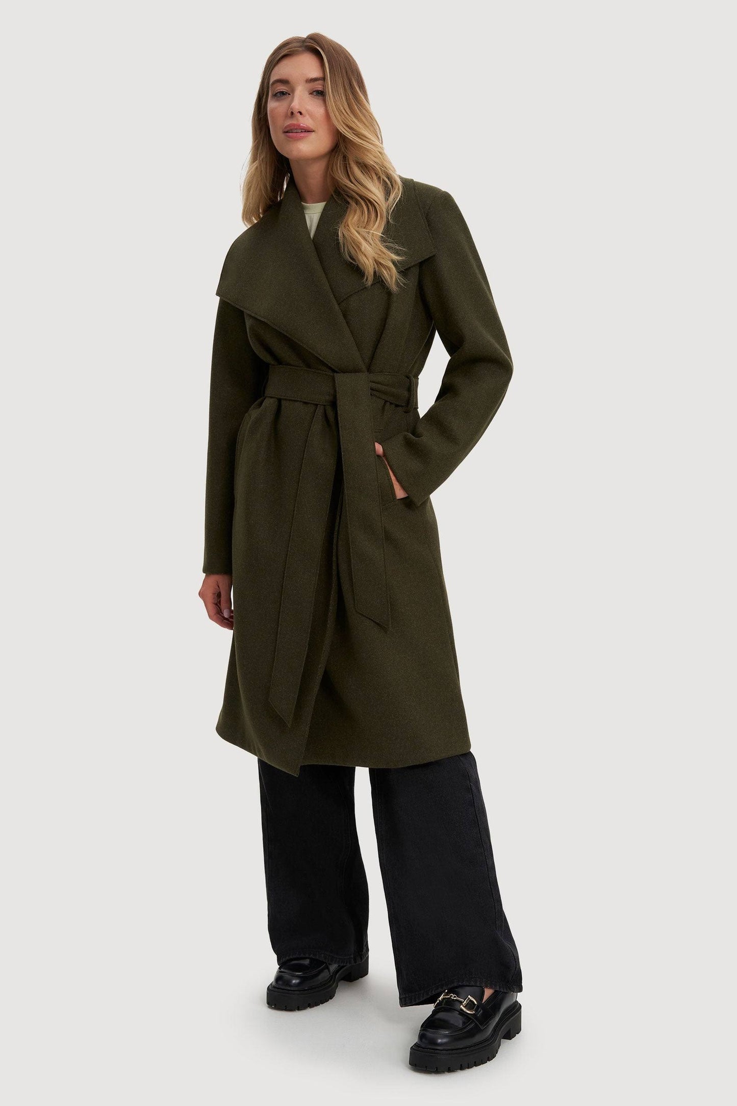 Lena Belted Wrap Coat In Uniform Green