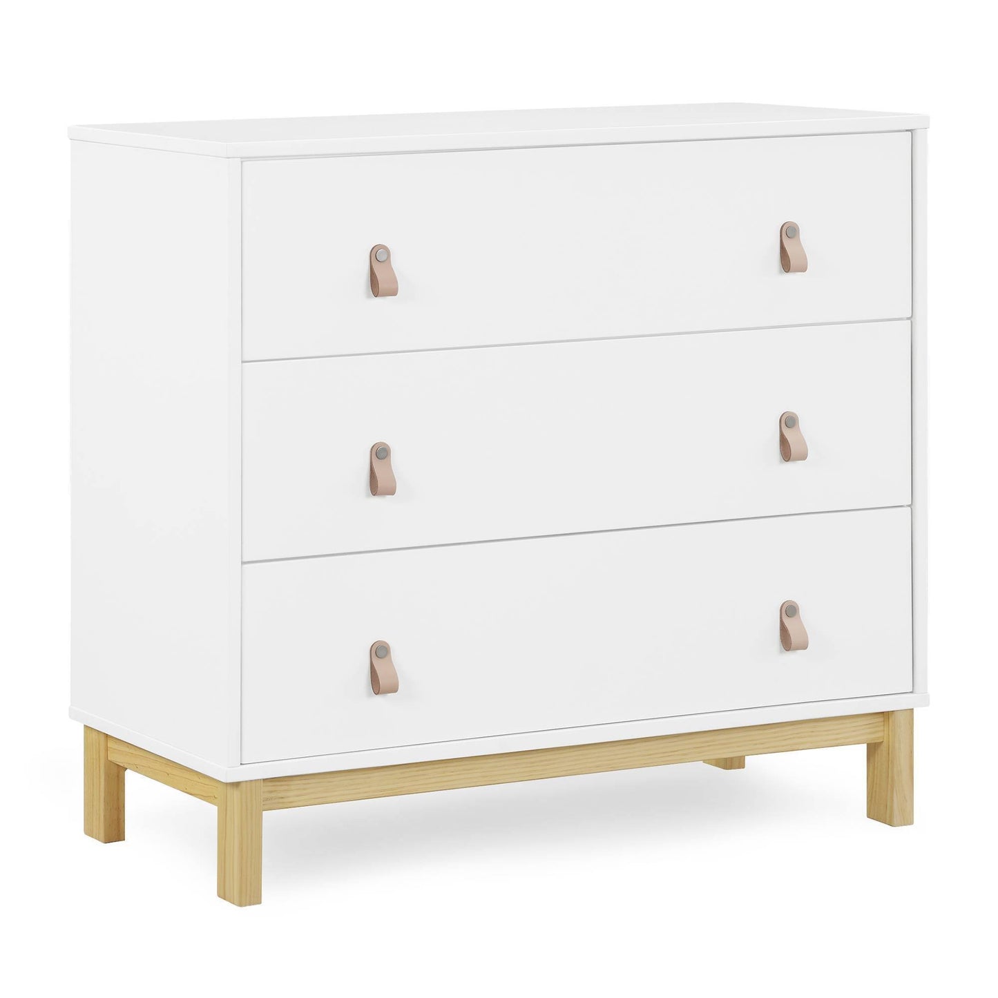 Legacy 3 Drawer Dresser With Leather Pulls - Greenguard Gold Certified, Bianca White/Natural