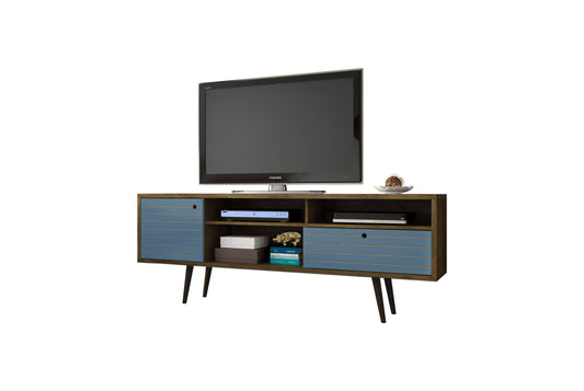 Liberty 70.86" Mid Century Modern Tv Stand With 4-Shelving Spaces And 1-Drawer, Rustic Brown/Aqua Blue