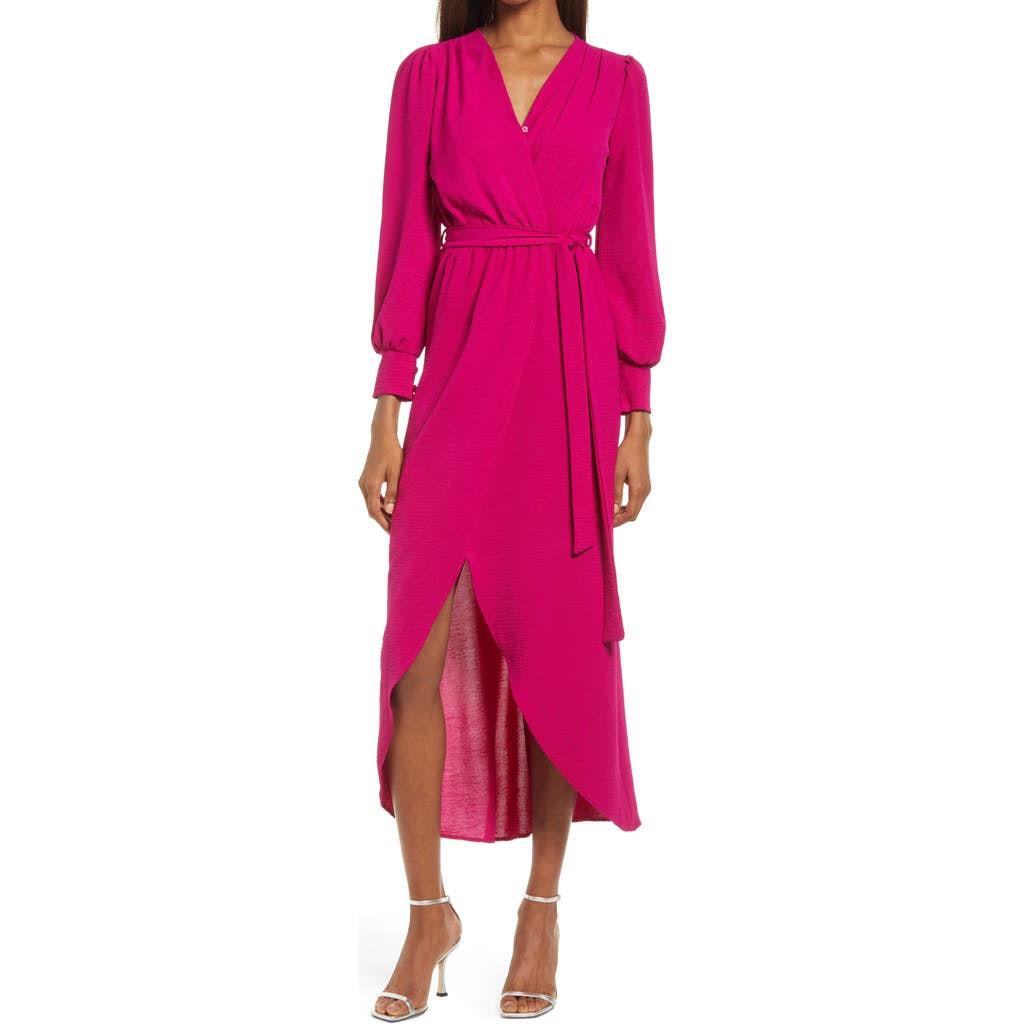 Long Sleeve Faux Wrap Dress In Magenta