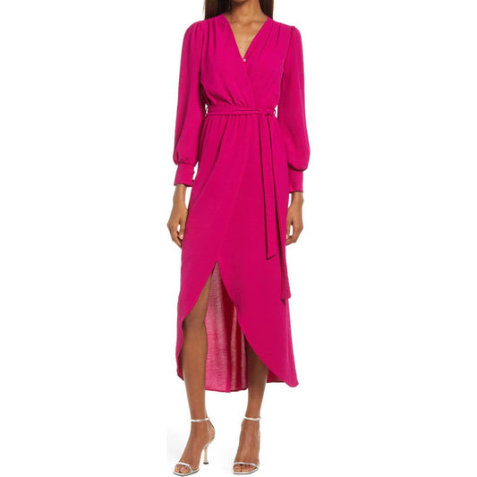 Long Sleeve Faux Wrap Dress In Magenta