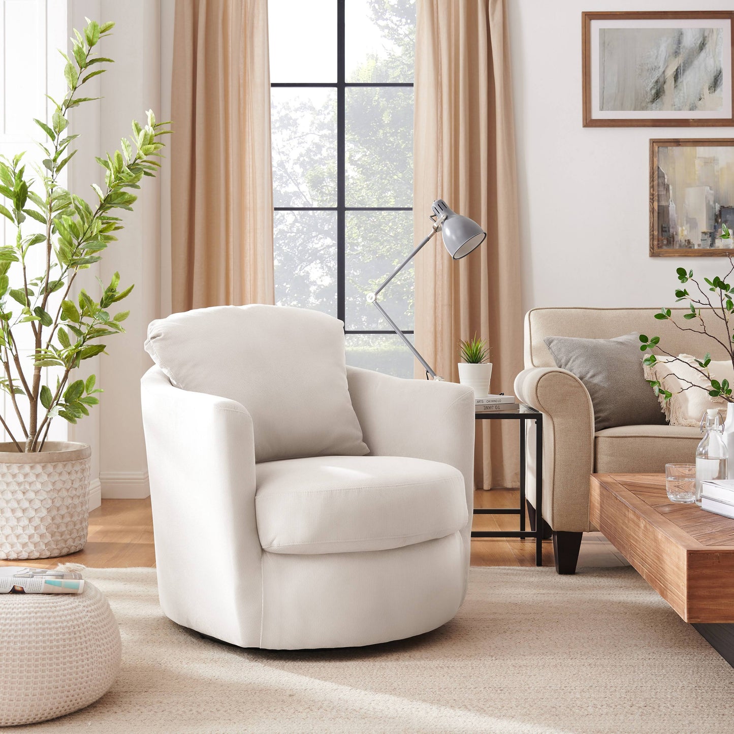 Leon Modern Comfortable Corduroy Fabric Swivel Barrel Accent Chair - Ivory