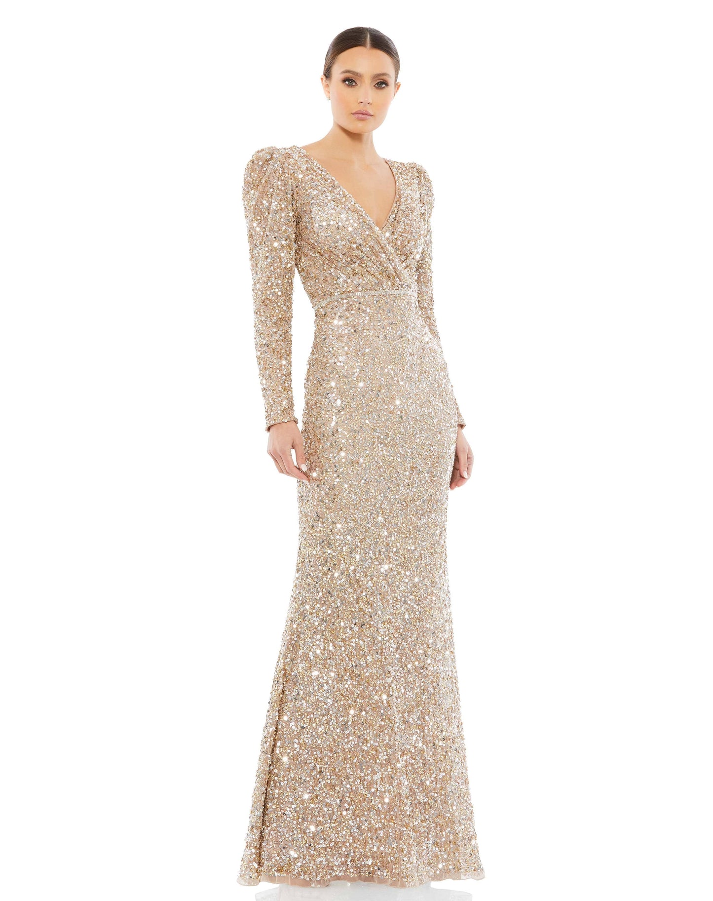 Long Sleeve Sequin Trumpet Gown In Shimmering Gold