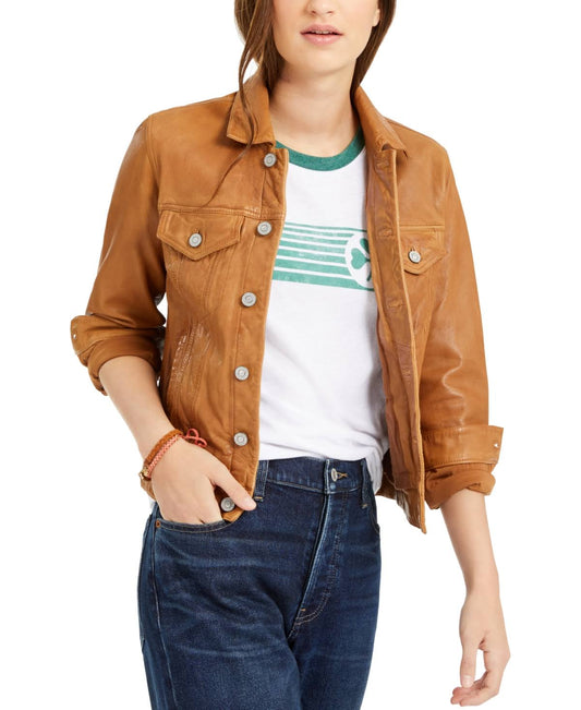 Leather Trucker Jacket, Cognac, S