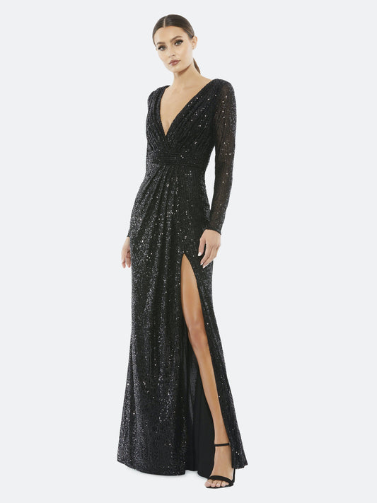 Long Sleeve Ruched Faux Wrap Sequined Gown Black, Size 6