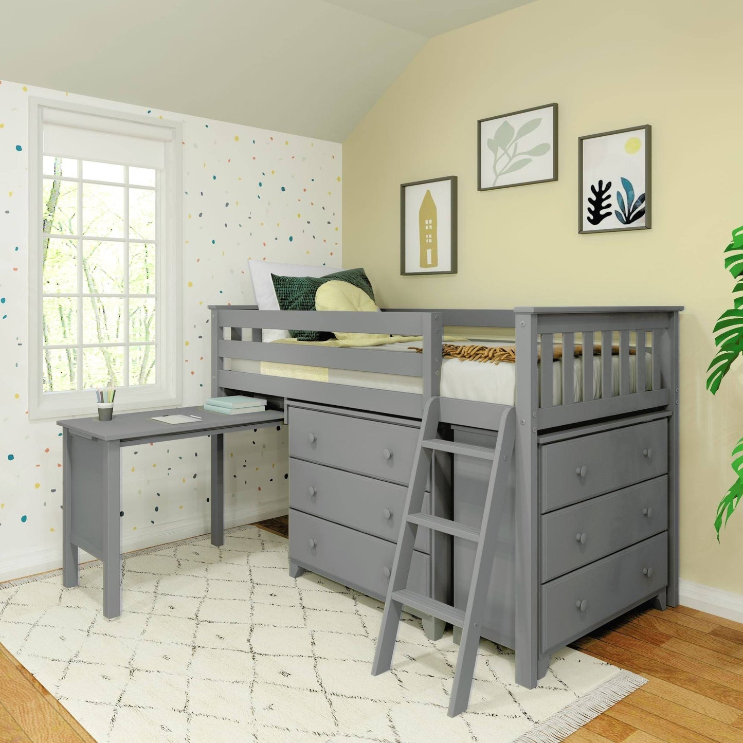 Low Loft With Pull-Out Desk And 3-Drawer Dressers | Grey | Max & Lily