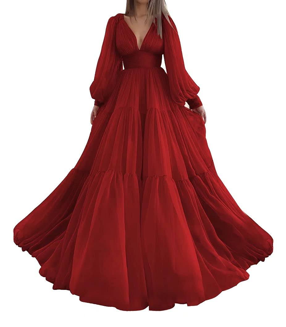 Long Puffy Sleeve Prom Dress Tulle Ball Gown For Women Wedding Dresses V Neck Formal Evening Gowns