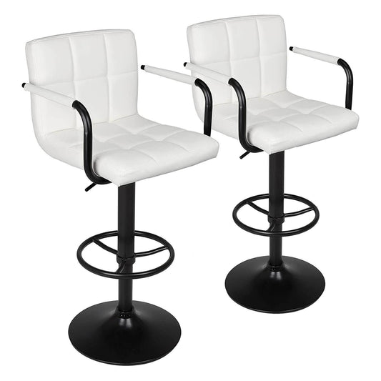 Leopard Adjustable Bar Stools With Armrest, Square Back Swivel Double Stitching With Back Bar Stool, Set Of 2 (White Black Base)