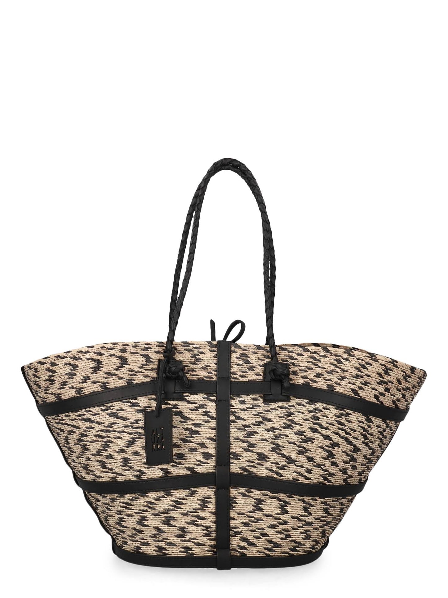 Leather-Trimmed Straw Tote