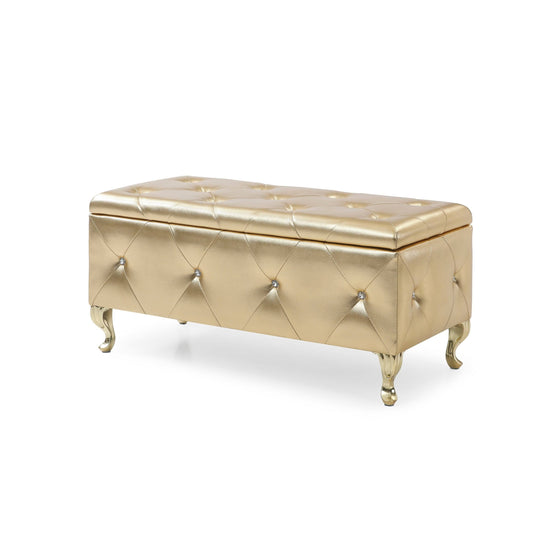 Leather Upholstered Tufted Storage Bench, Gold