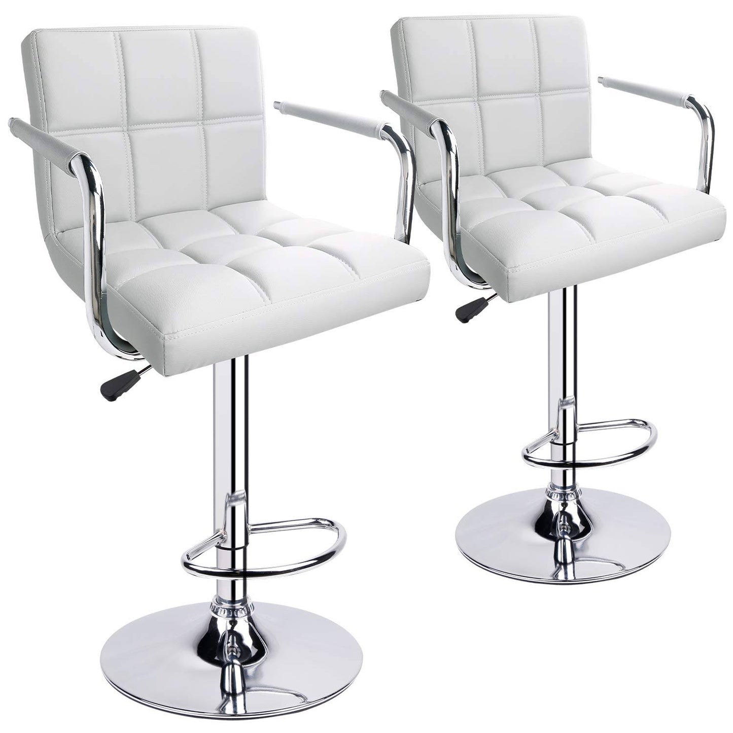 Leopard Adjustable Bar Stools With Armrest, Square Back Swivel Double Stitching With Back Bar Stool, Set Of 2 (White)