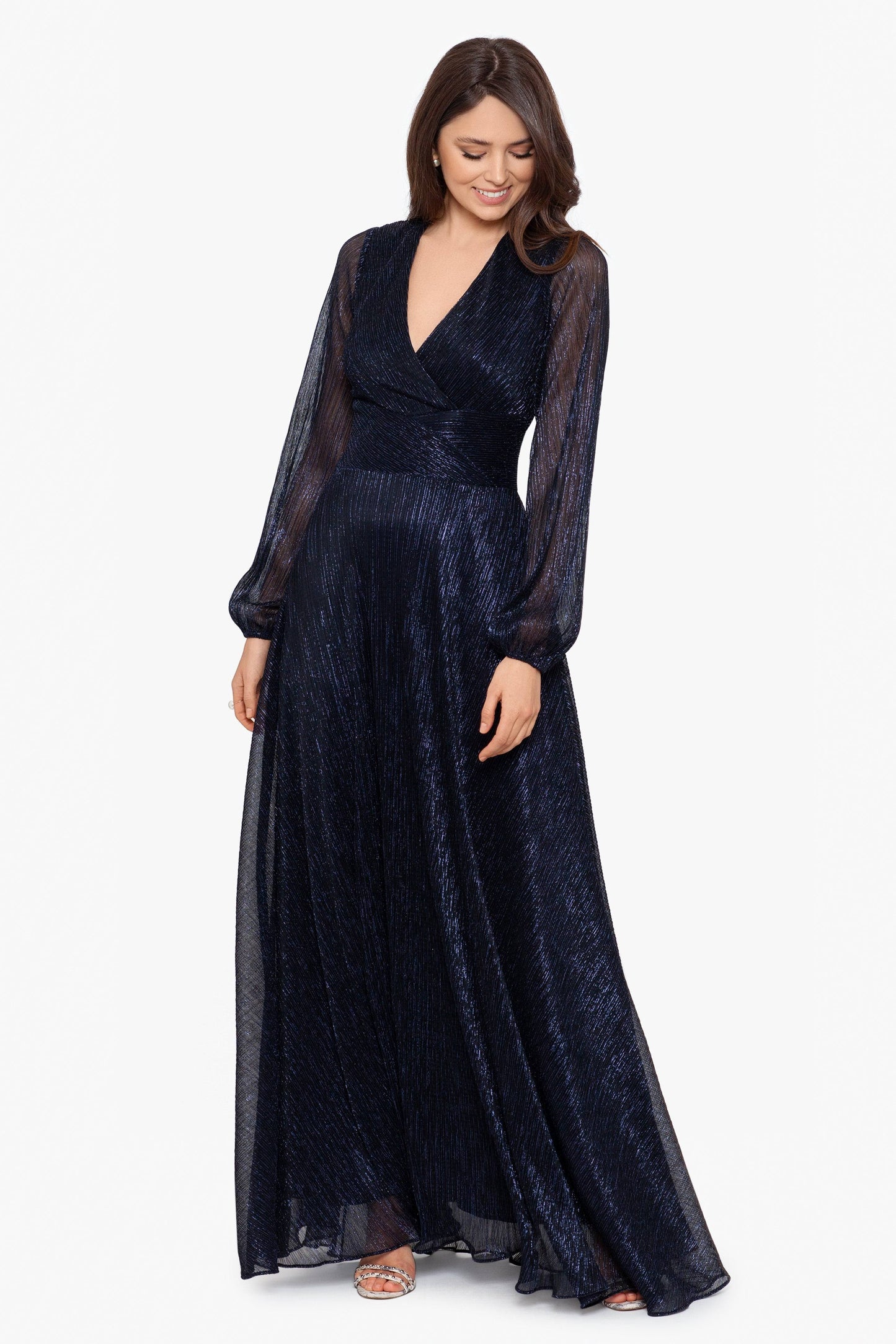 Long Sleeve V-Neck Metallic Gown Women's Dress Navy/Royal : 4