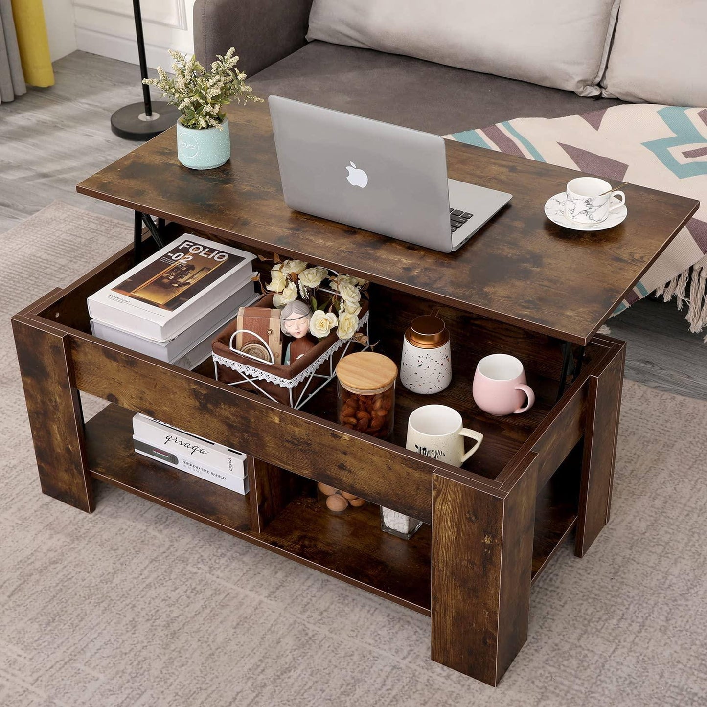 Lift Top Coffee Table With Storage 2 Open Shelves And Hidden Compartment Lifting Center Table Modern Wood Coffee Tables For Livi