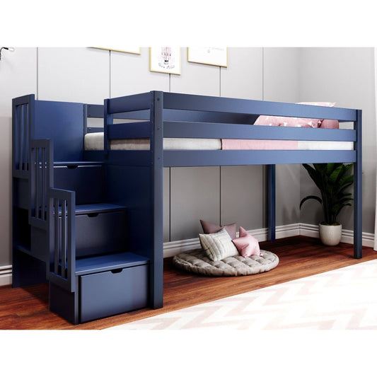 Low Loft Twin Bed With Stairway, Gray