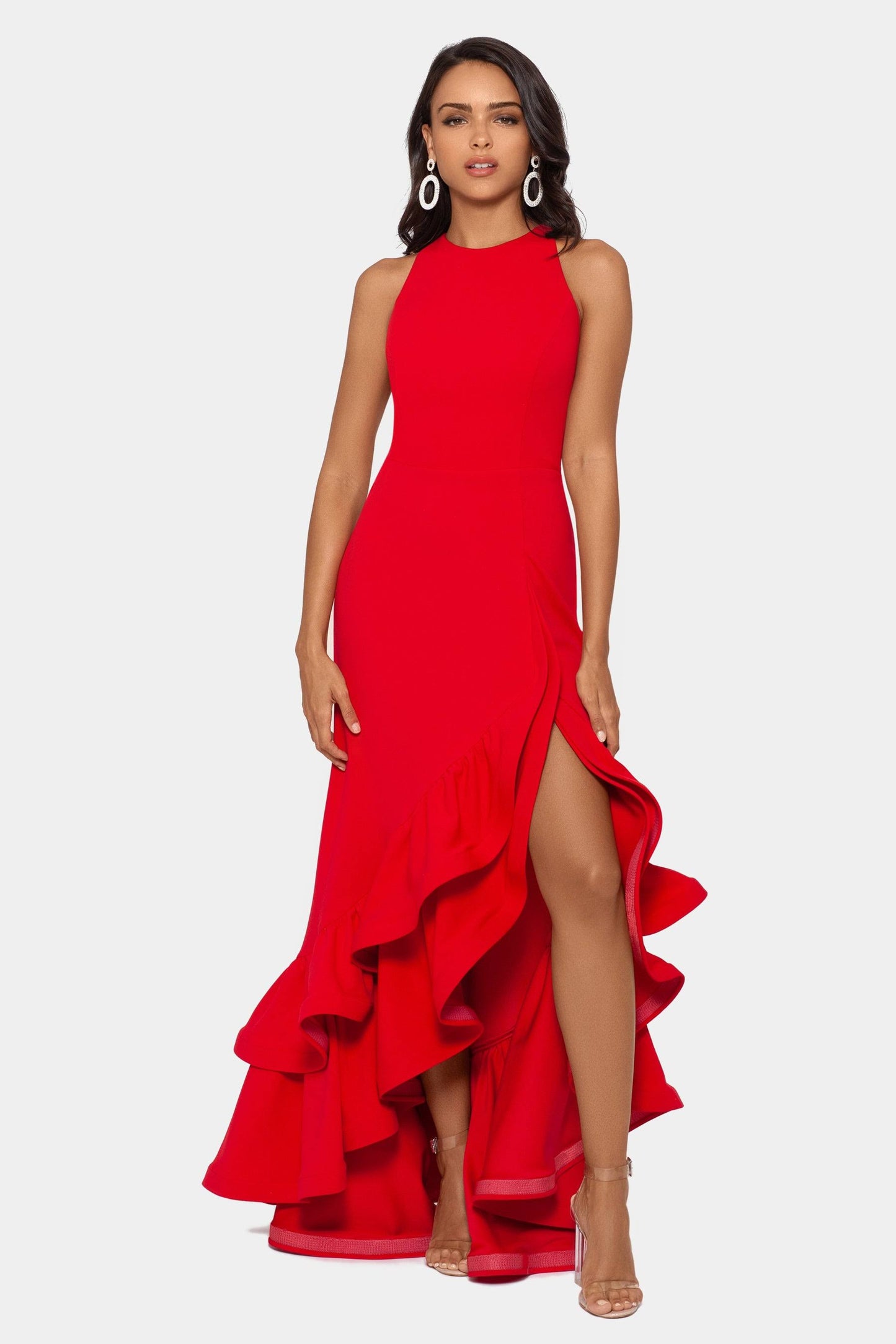 Long Halter Crepe Tiered Ruffle Gown Women's Dress Red : 8