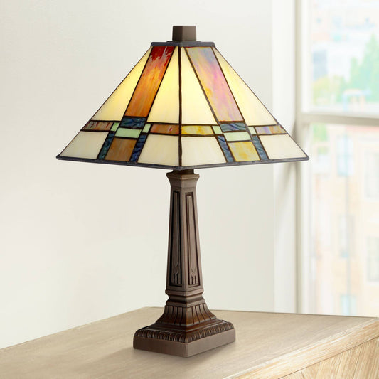 Louis Tiffany Mission Accent Table Lamp 14 1/4" High Led Art Deco Stained Glass Shade For Bedroom Bedside Nightstand Office